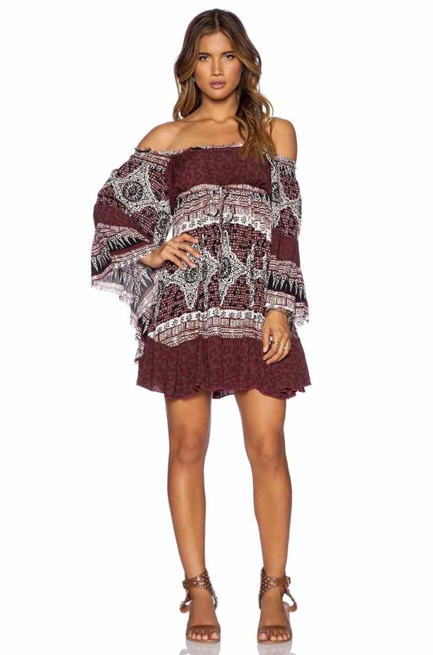 Free People Heart of Gold Bell Sleeve Mini Dress XS Burgundy Tunic Top